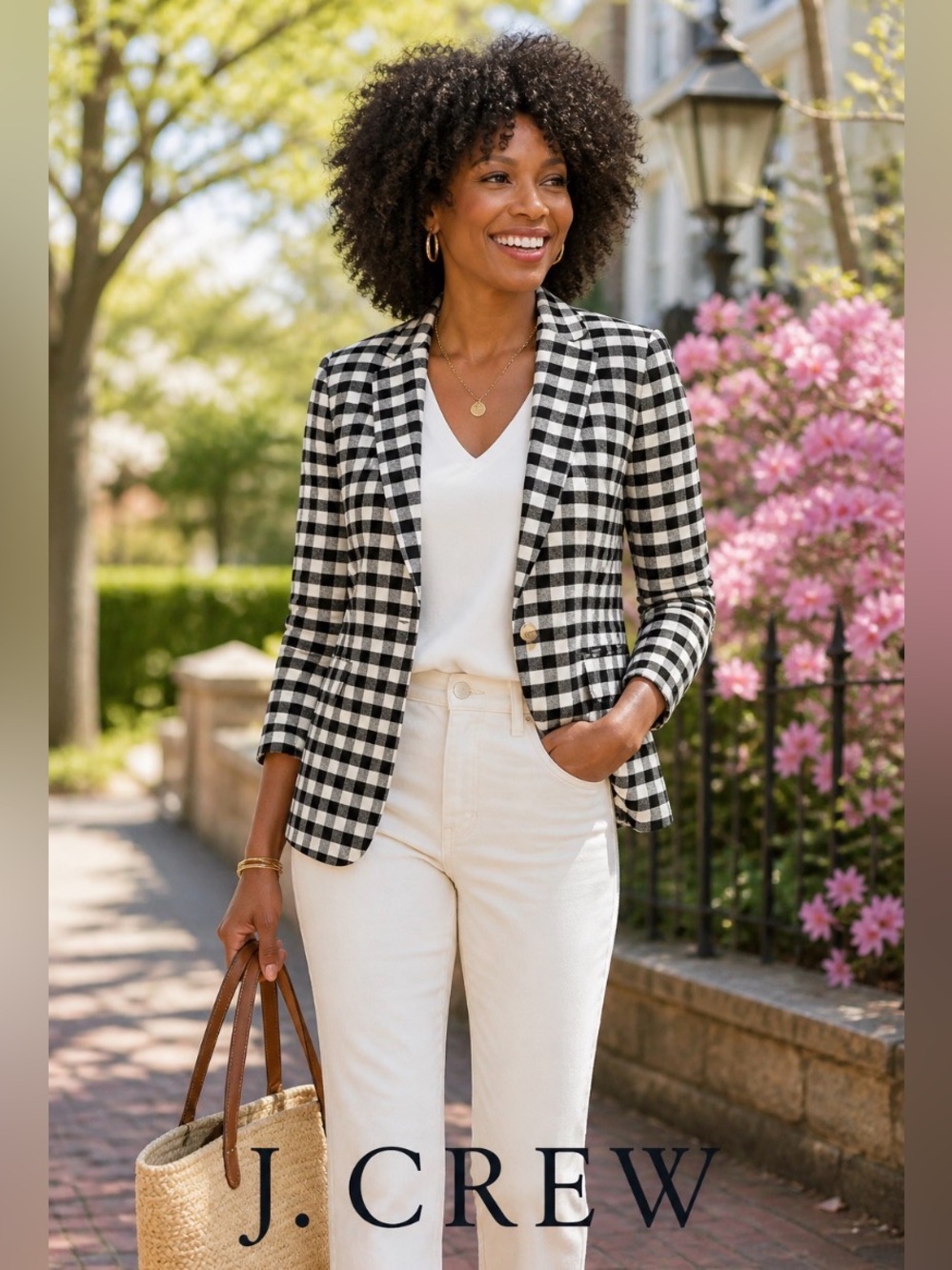 J. Crew Wool Black and White Checked Single-Button Blazer